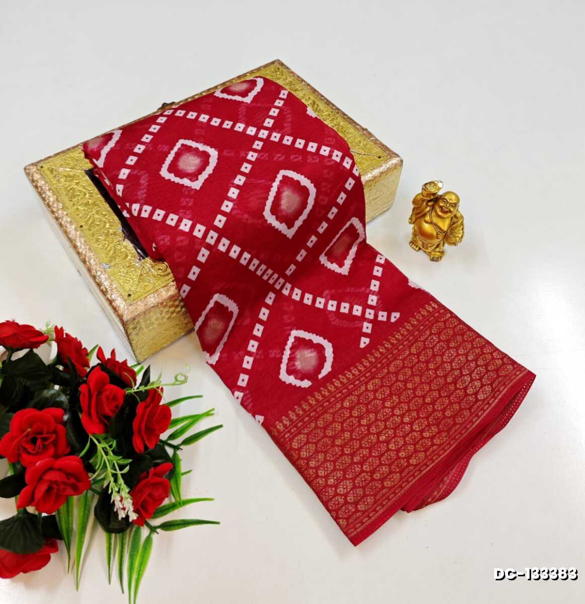 Ruby Pink Contrast Print Soft Cotton Saree with Silver & Copper Zari Border